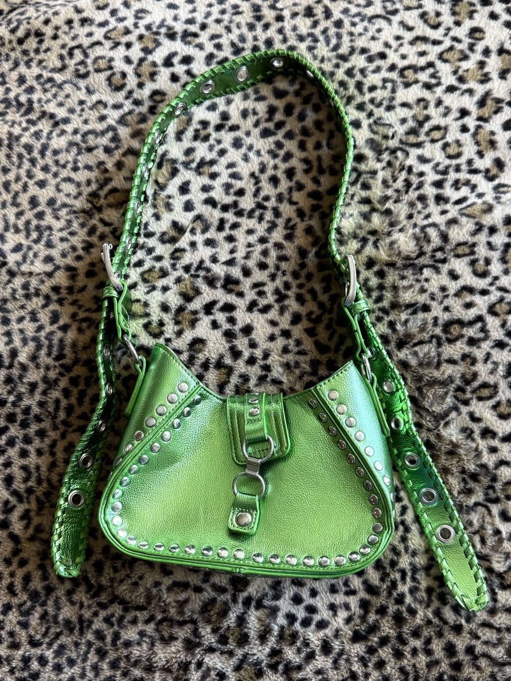 Green Studded Shoulder Bag - Women's Fashion Handbag